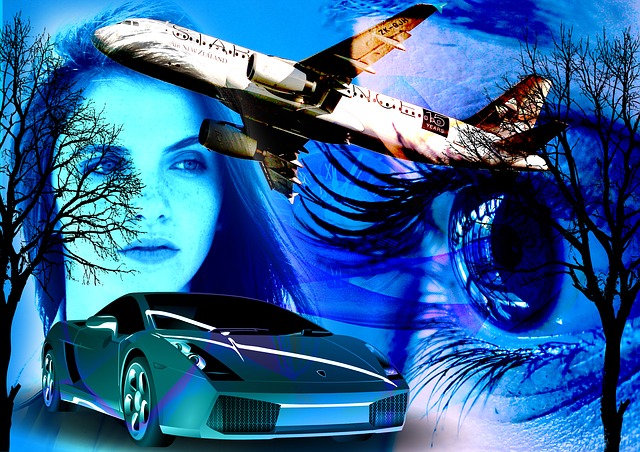 Tree, woman, airplane, eye and car